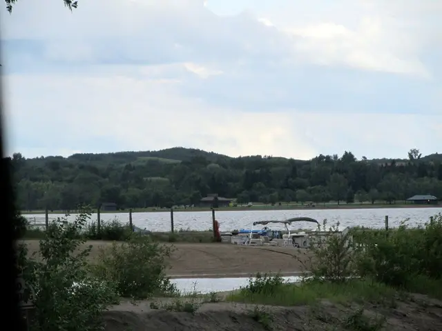Jackfish Lake shoreline with pontoon boats